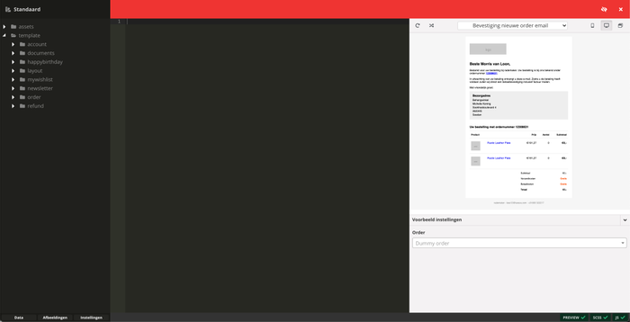 De template editor voor de berichtgeving van een webshop
