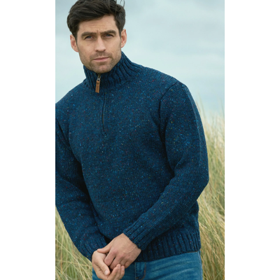 Foto van Aran Crafts Donegal wollen herentrui met halve rits- denim