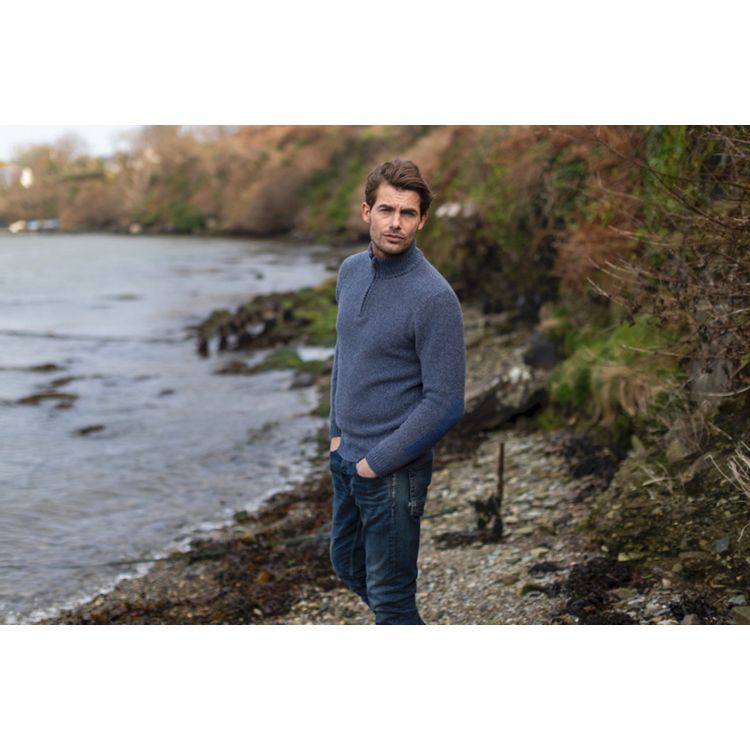 Fisherman out of Ireland Seed Stitch trui met rits Denim