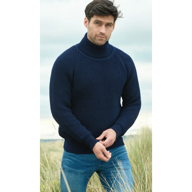 Aran Crafts roll collar fishermans rib- navy