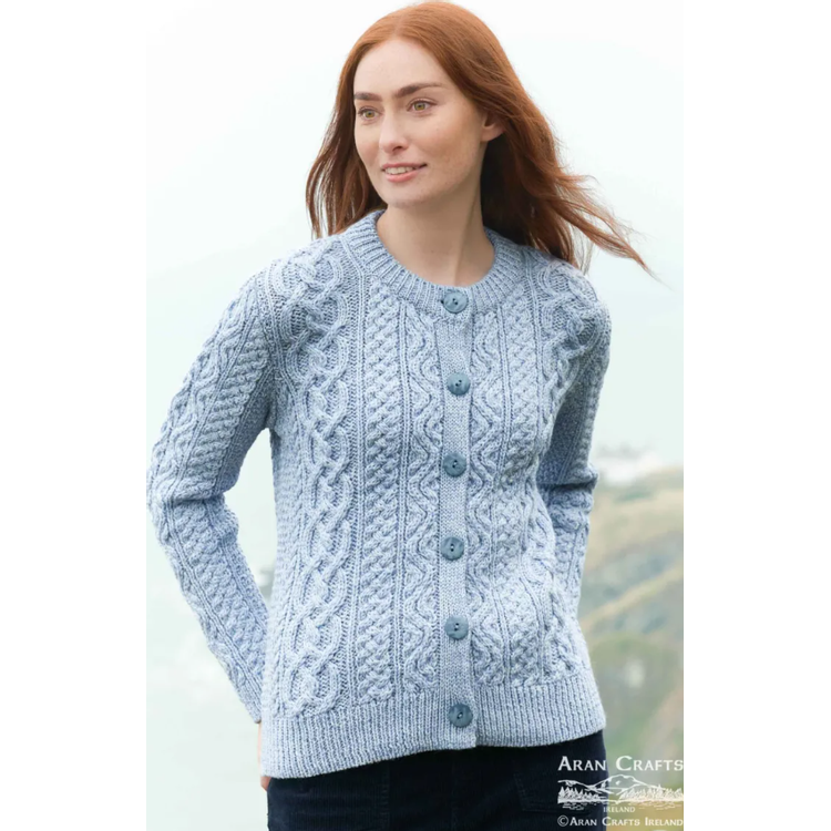 Aran Crafts crew neck button cardigan dames- Ice Marl