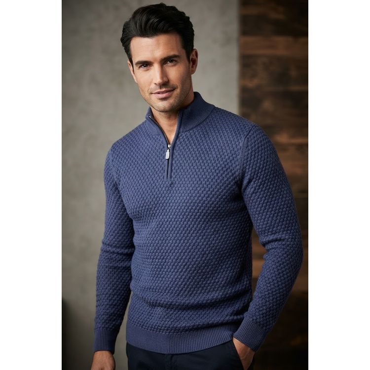 William Lockie Interweave Half Zip Trui – 100% Superfijne Merinowol (Navy)
