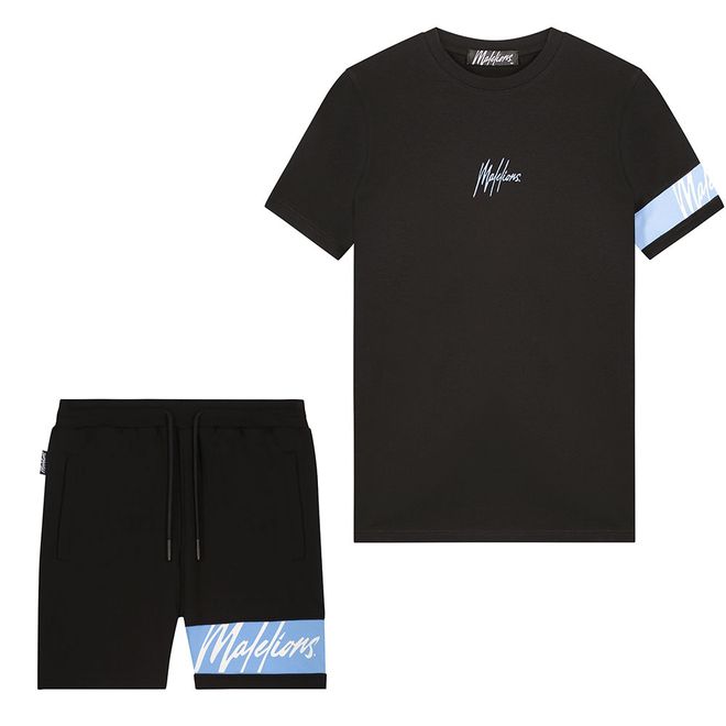 Afbeelding van Malelions Men Captain T-Shirt + Short Set Black/Vista Blue