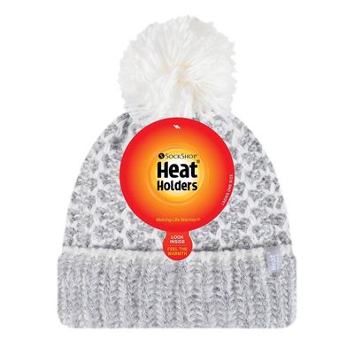 Heat Holders Ladies feathered knit pom pom hat lund grey/cream