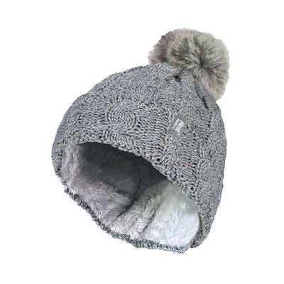 Heat Holders Ladies turnover cable hat with pom pom light grey