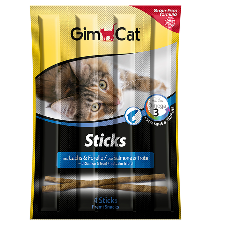 GimCat Sticks met zalm & forel 4 stuks Foto van GimCat Sticks met zalm & forel 4 stuks