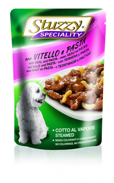 Stuzzy Speciality pouch kalfsvlees met pasta Foto van Stuzzy Speciality pouch kalfsvlees met pasta