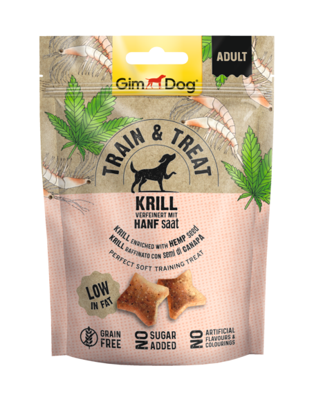 GimDog Train & Treat krill & hennep 125 g Foto van GimDog Train & Treat krill & hennep 125 g
