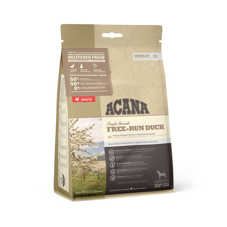 Acana SINGLES Free-Run Duck 340 gr. Foto van Acana SINGLES Free-Run Duck 340 gr.