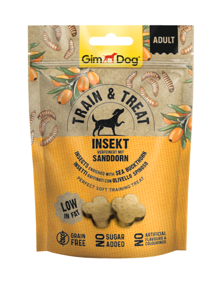 GimDog Train & Treat insecten & duindoorn 125 g Foto van GimDog Train & Treat insecten & duindoorn 125 g