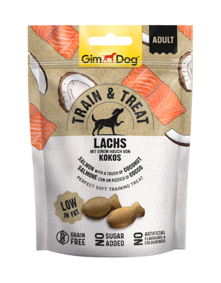 GimDog Train & Treat zalm & kokosnoot 125 g Foto van GimDog Train & Treat zalm & kokosnoot 125 g