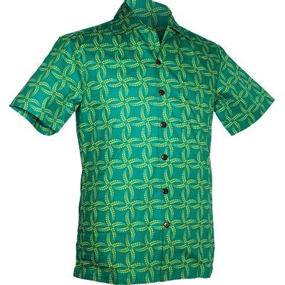 Chenaski | Overhemd korte mouw, Leaves grid, turquoise yellow