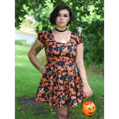Foto van Collectif | Skater jurk Zita met oranje pumpkins en zwarte katjes
