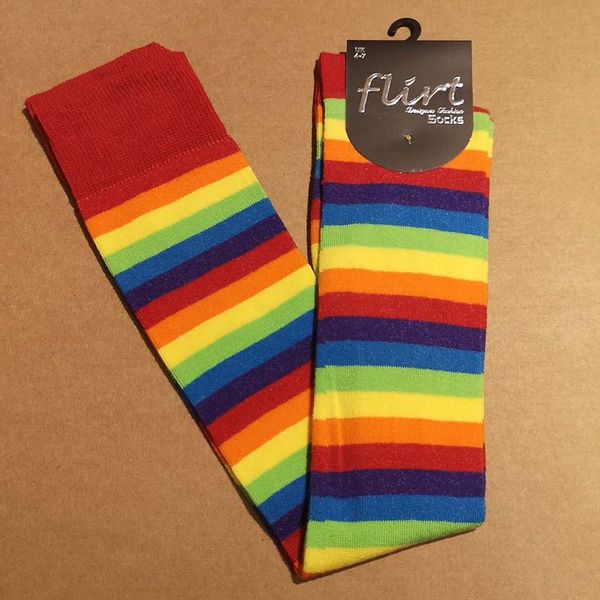 Flirt | Overknee sokken gestreept regenboog met paars