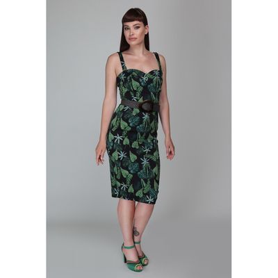 Collectif | Pencil jurk Kiana Tropics met bladeren groen