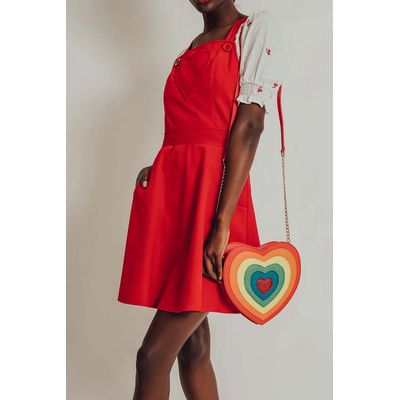 Foto van Voodoo Vixen | Rode ribcord pinafore jurk Donita met hartvorm