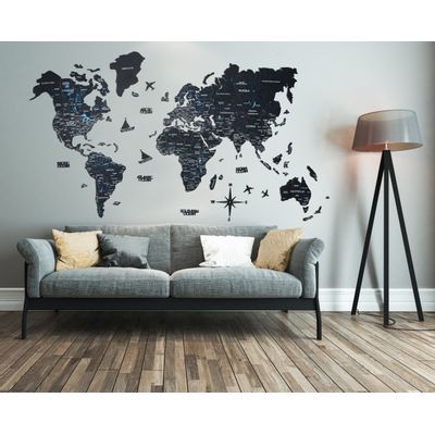 Afbeelding van 2D Wood World Map Full L Black